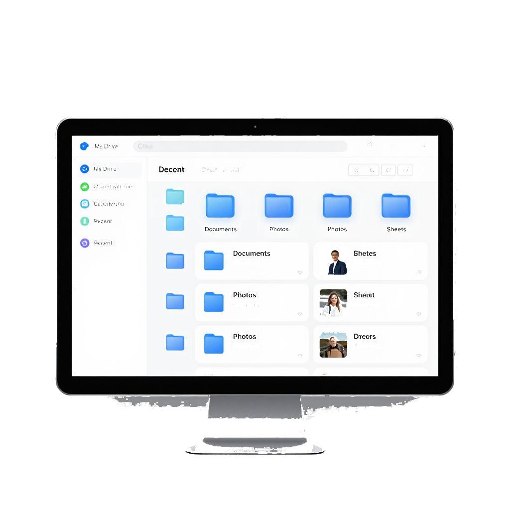 A desktop monitor displays a file management interface with organized folders and user profile icons on a clean background.