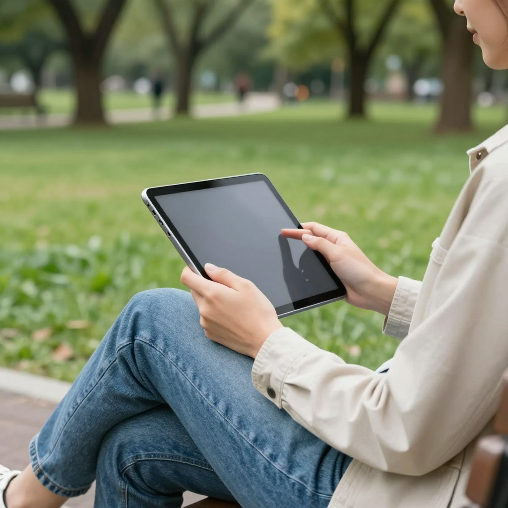 A person sits on a park bench, holding a tablet and touching the screen.