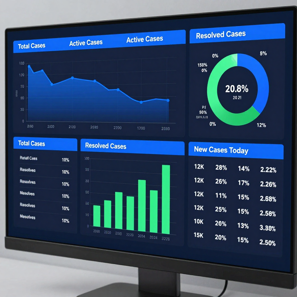 A computer monitor displaying a dark-themed business dashboard with a line graph, a donut chart, and bar charts.