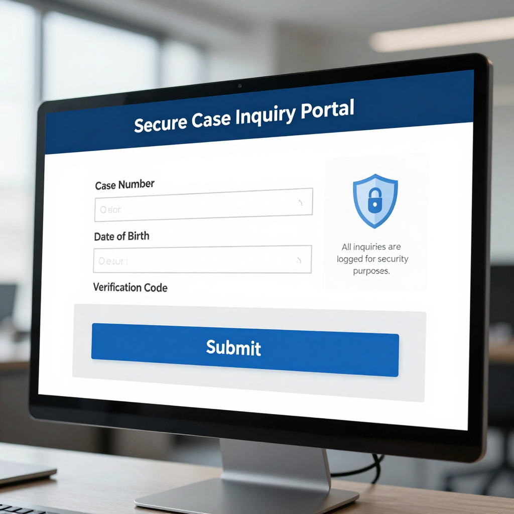 A monitor on a desk displays a Secure Case Inquiry Portal webpage with fields for a case number, date of birth, and code.