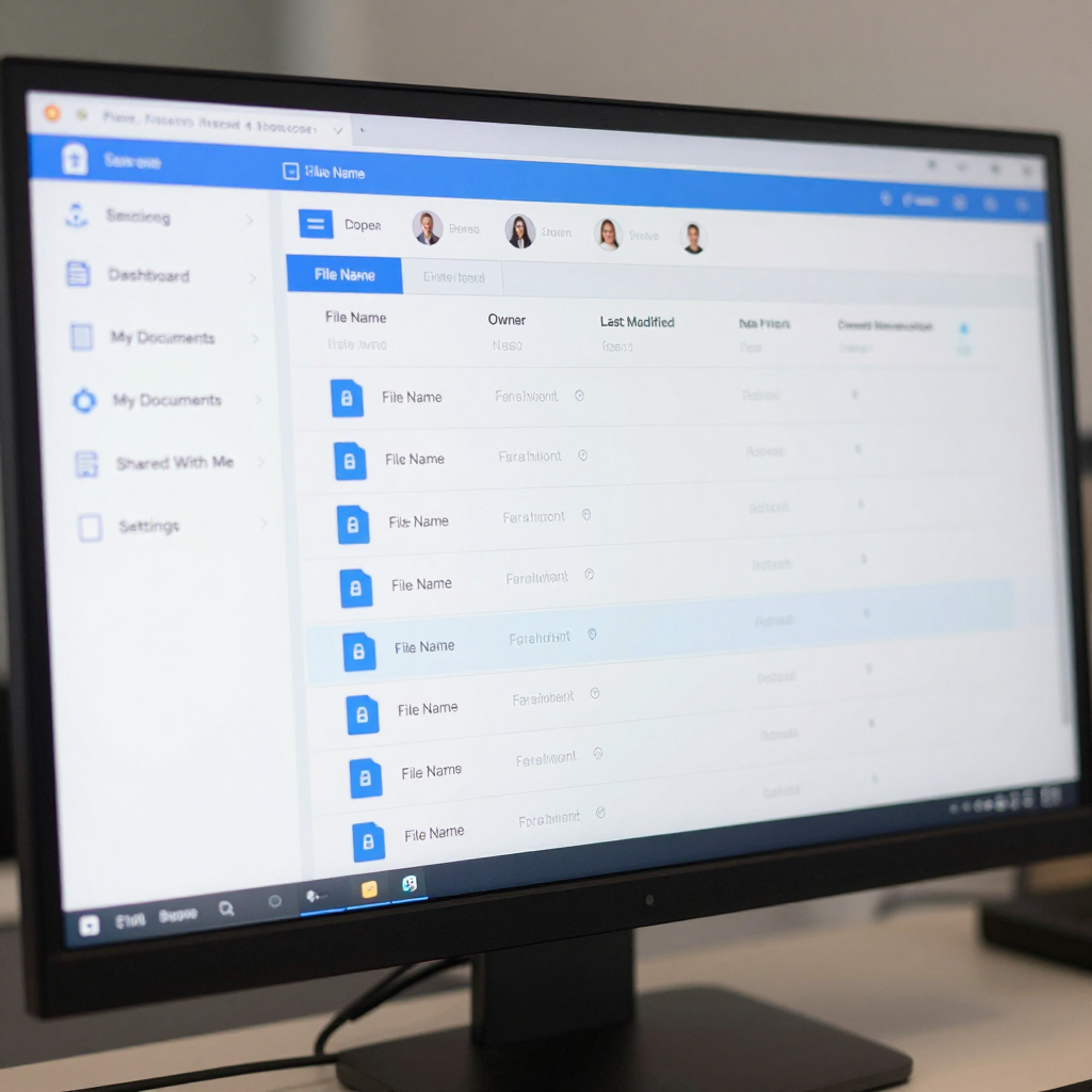 A computer monitor displays a document management software dashboard with a list of files on a desk.