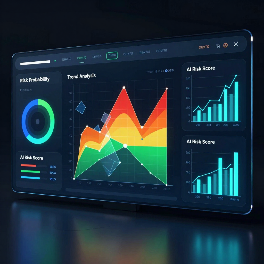 A futuristic digital dashboard displays data visualizations, including a trend analysis graph, pie chart, and bar charts.
