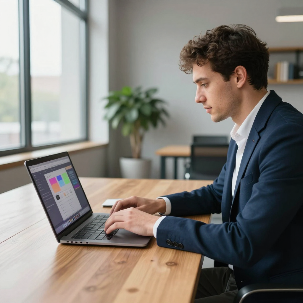 A person in a dark blue blazer working on a laptop at a wooden table in a bright office with a plant in the background.