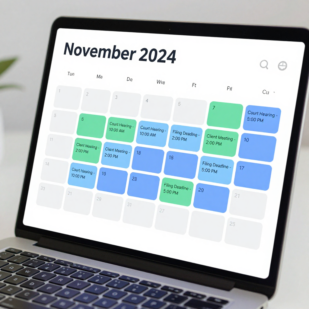 A laptop screen showing a November 2024 calendar with various scheduled events highlighted in green and blue.