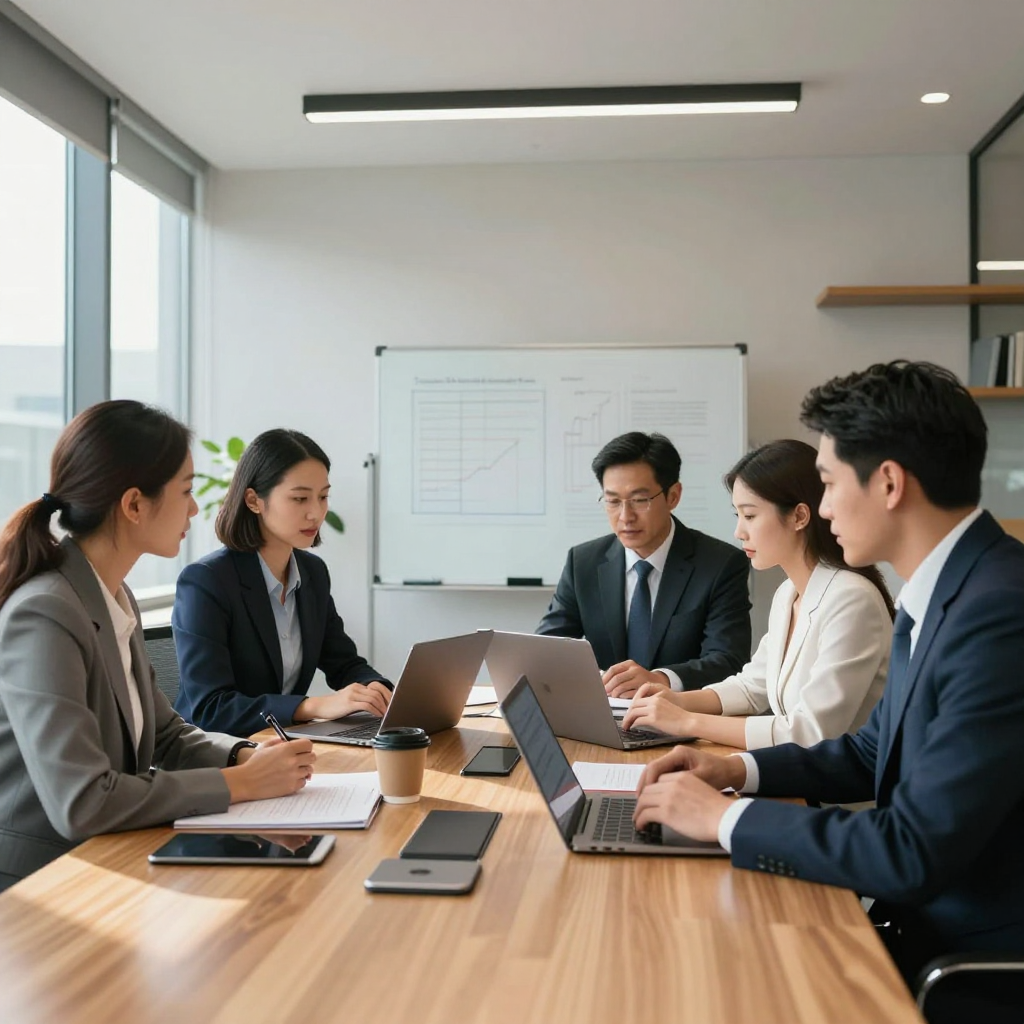 Four professionals in business attire collaborate around a long wooden conference table with laptops in a bright office.