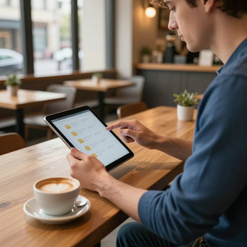 A person sitting at a wooden café table, holding a tablet while looking at a list, with a cup of latte nearby.
