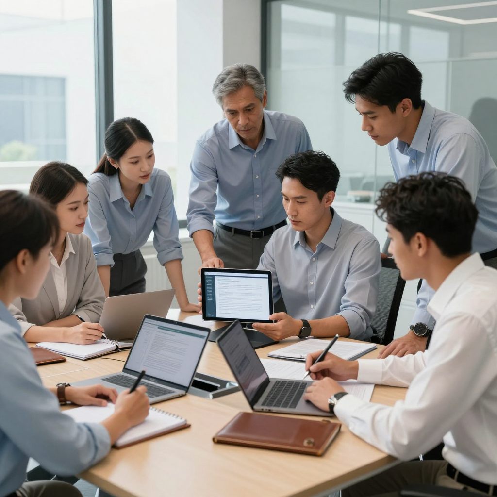 A professional team in business attire collaborates around a conference table with laptops, reviewing a shared document.