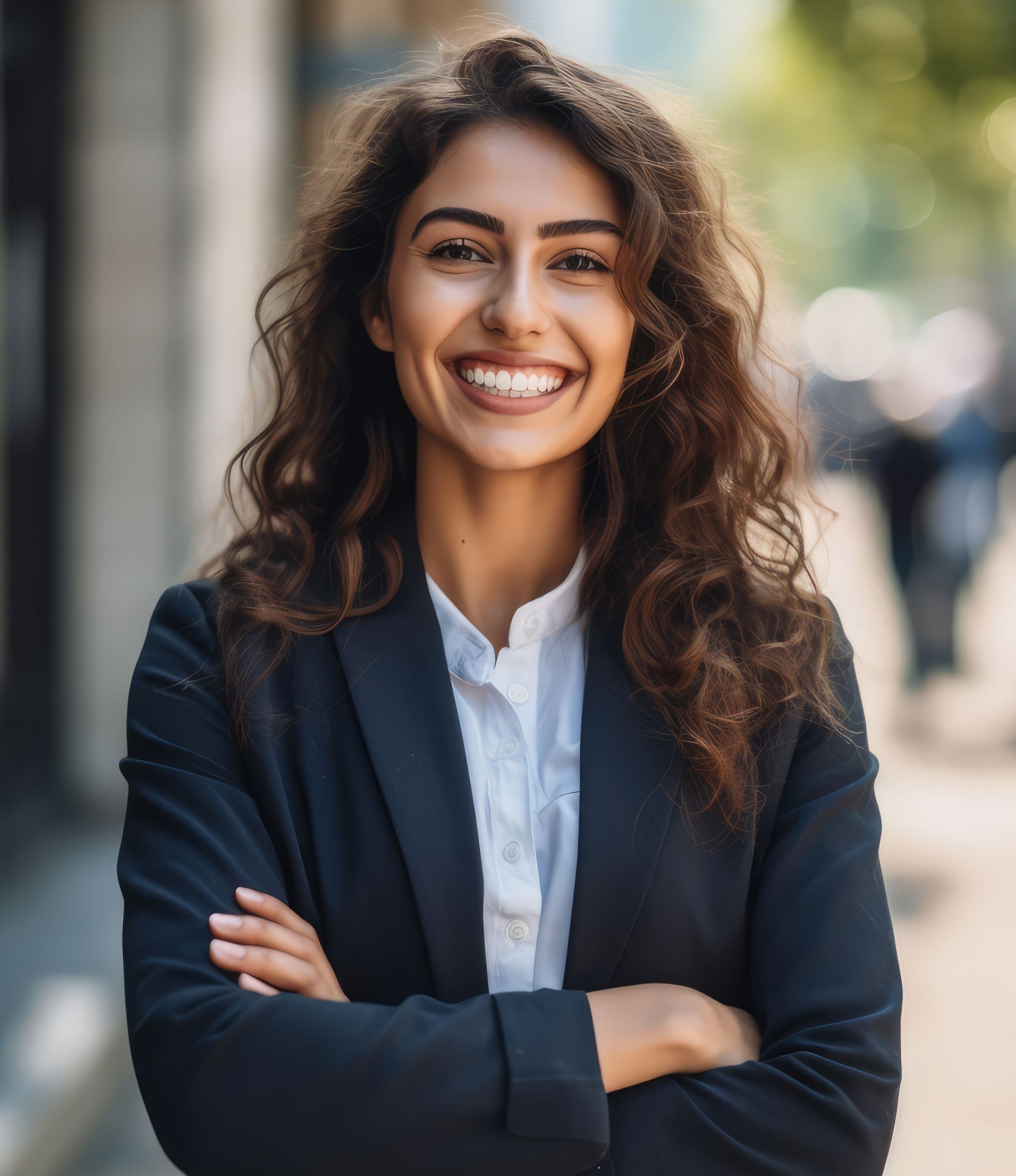 A woman in a suit is smiling with her arms crossed.