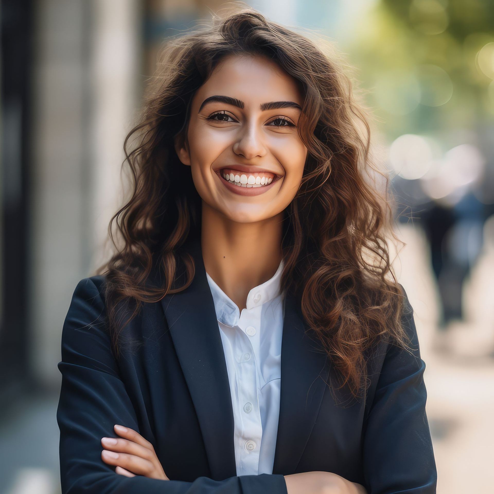A woman in a suit is smiling with her arms crossed.