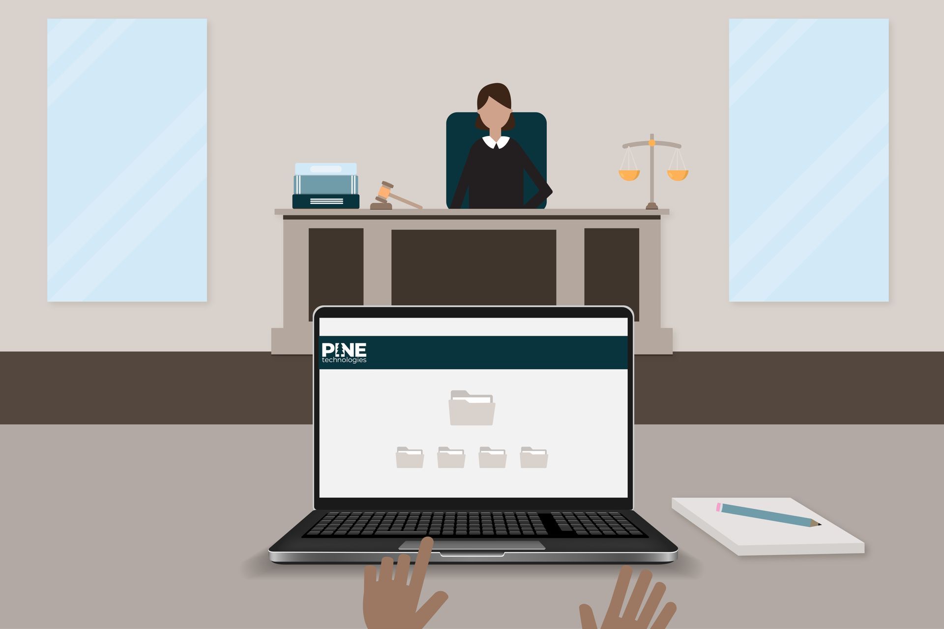 A judge is sitting at a desk in front of a laptop computer.