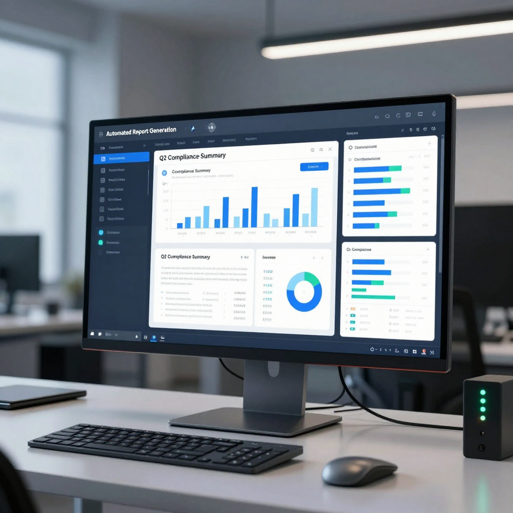 Computer monitor on a desk displaying a dashboard with data charts and graphs in a modern office.
