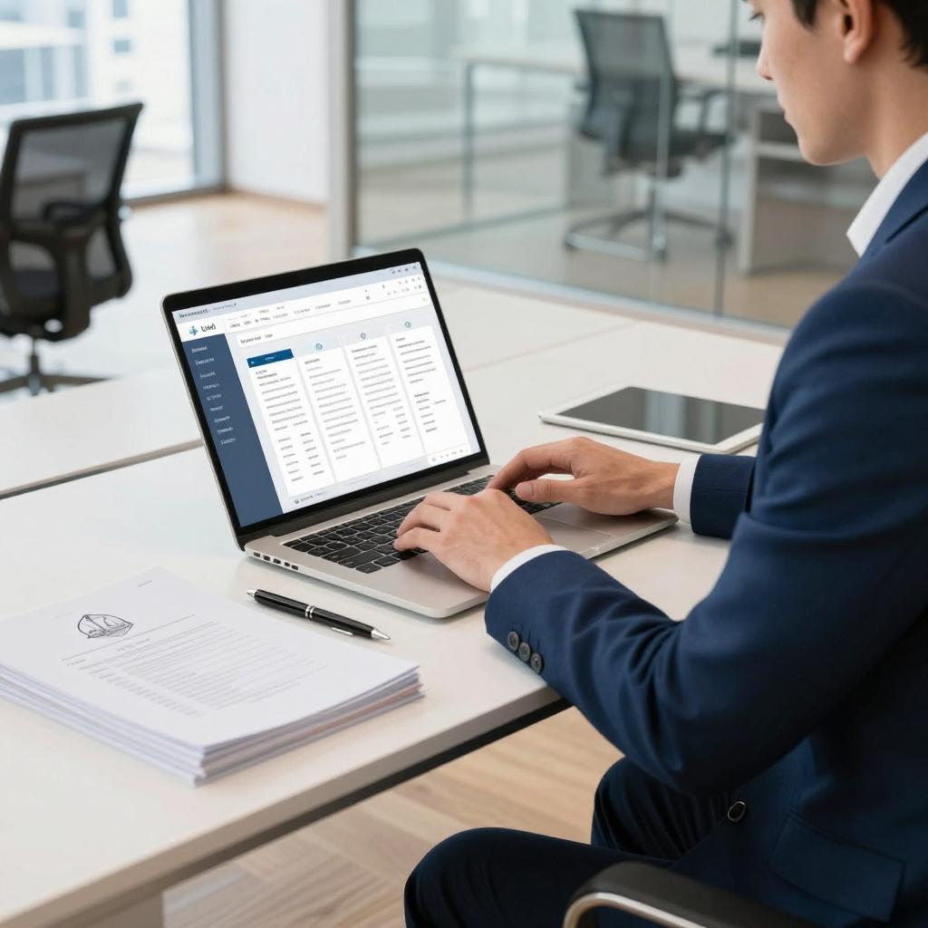 A person in a business suit works on a laptop showing a data table in a professional office setting.