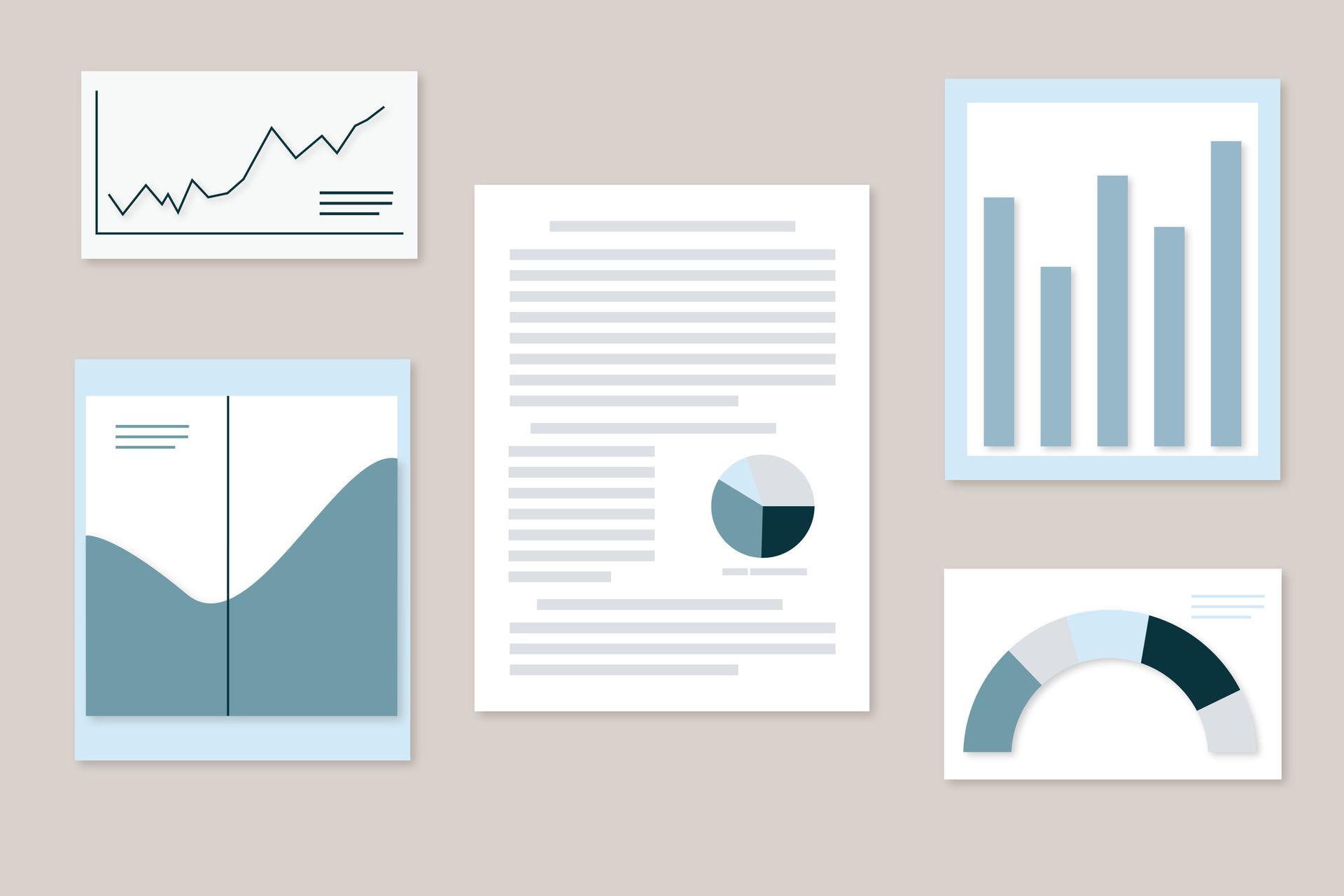 A set of papers with graphs and charts on them.