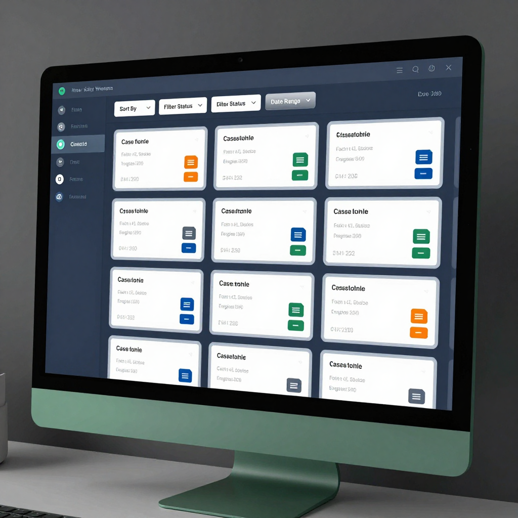 A computer monitor displays a dark-themed project management dashboard with a grid of task cards on a light gray surface.