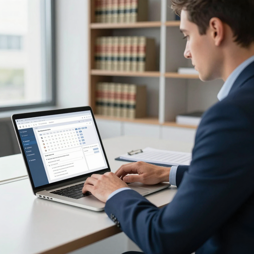 A professional in a suit works on a laptop showing a data dashboard in an office with a bookshelf in the background.