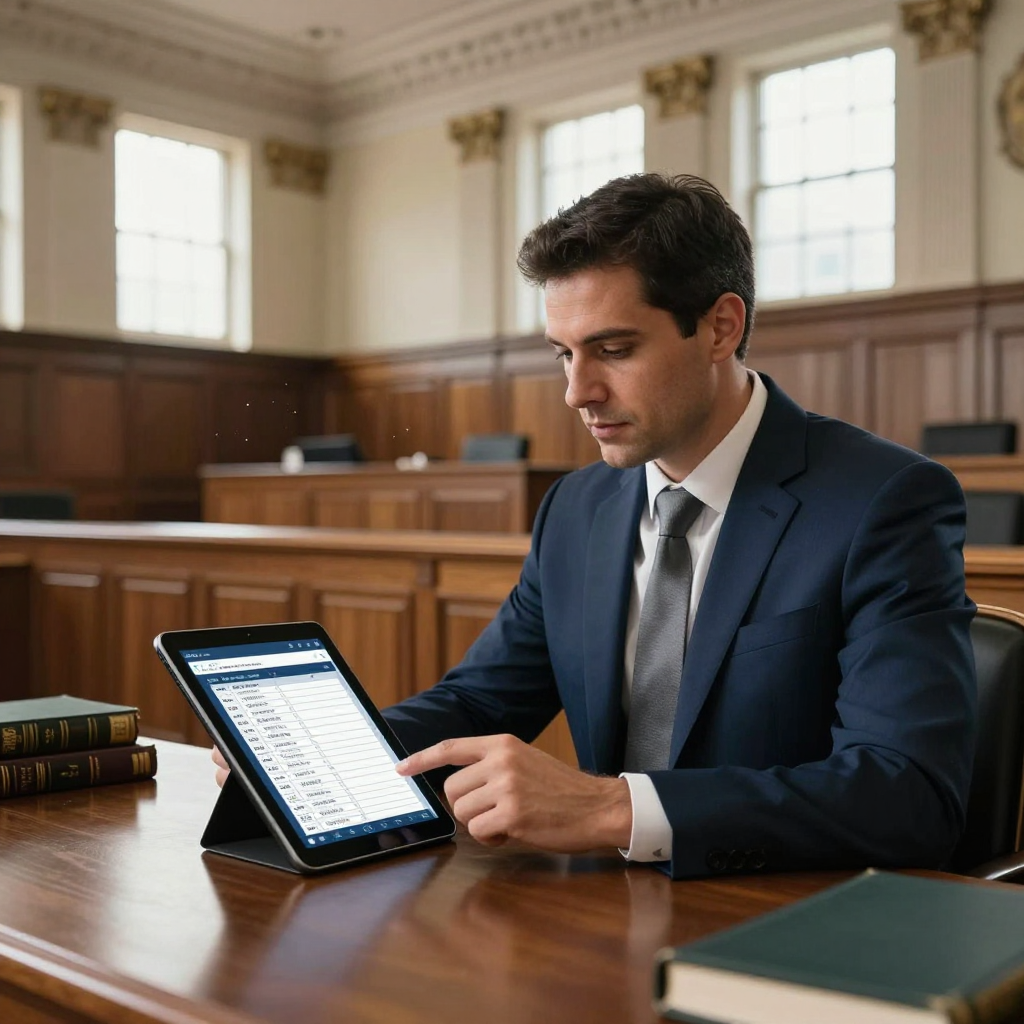 A professional in a suit and tie sits at a courtroom desk, reviewing information on a tablet.