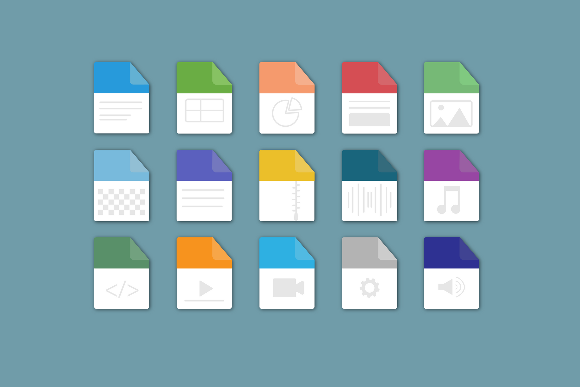 A set of colorful file icons on a blue background.