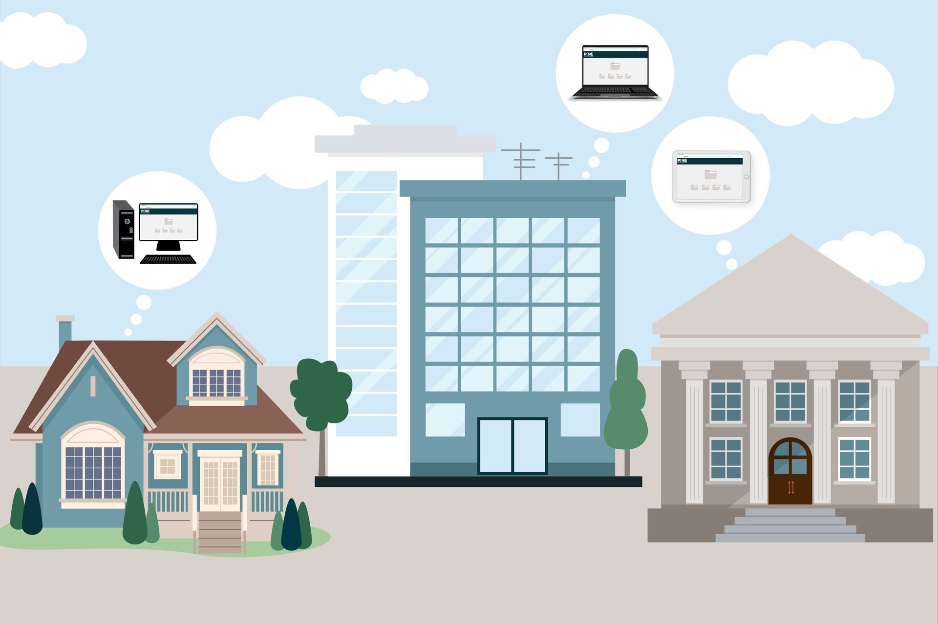 An illustration of a house , a building , and a bank connected to mobile devices.