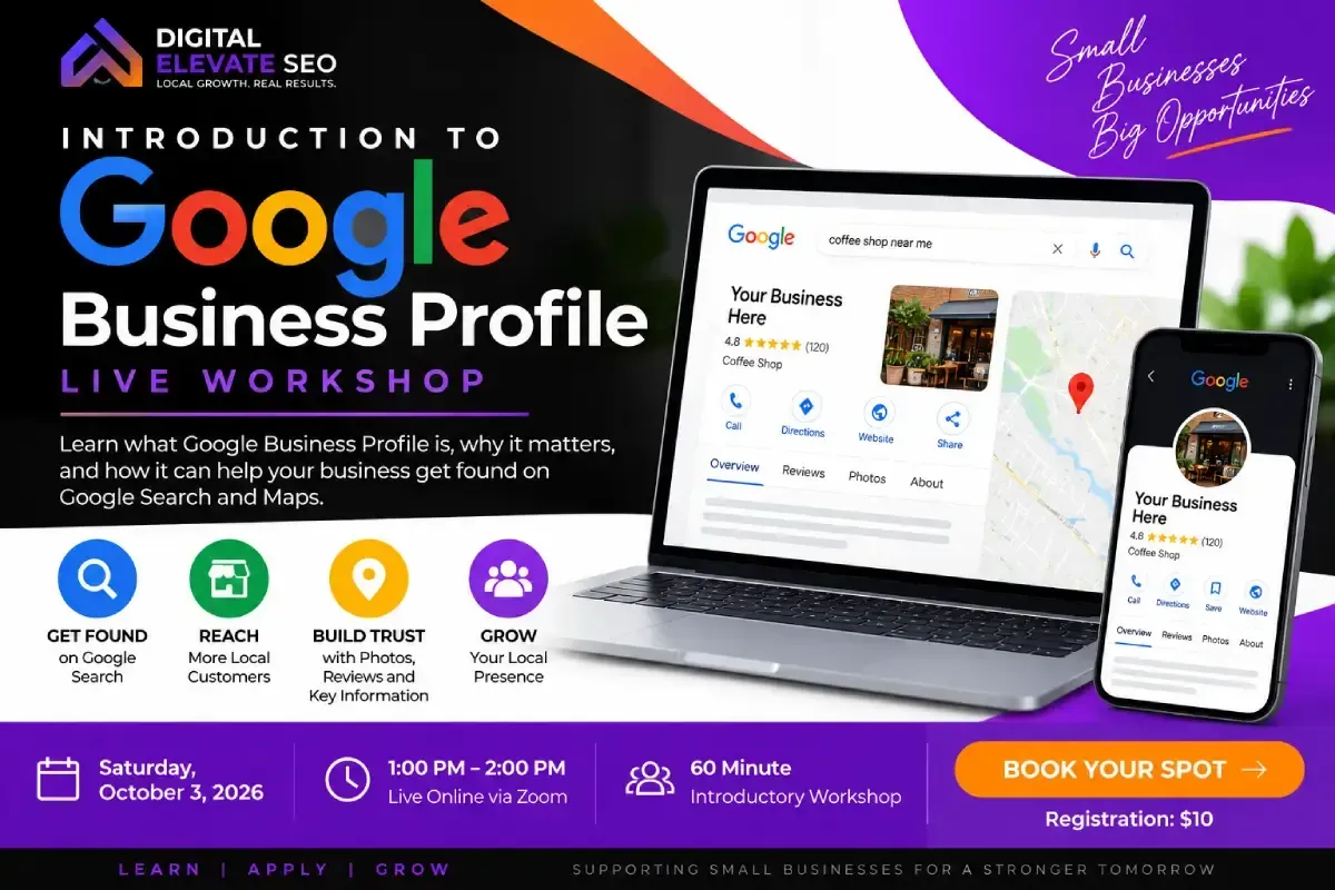 Digital Elevate SEO $10 Introduction to Google Business Profile workshop graphic featuring Google Search, Maps, and local business visibility tools for small business owners.