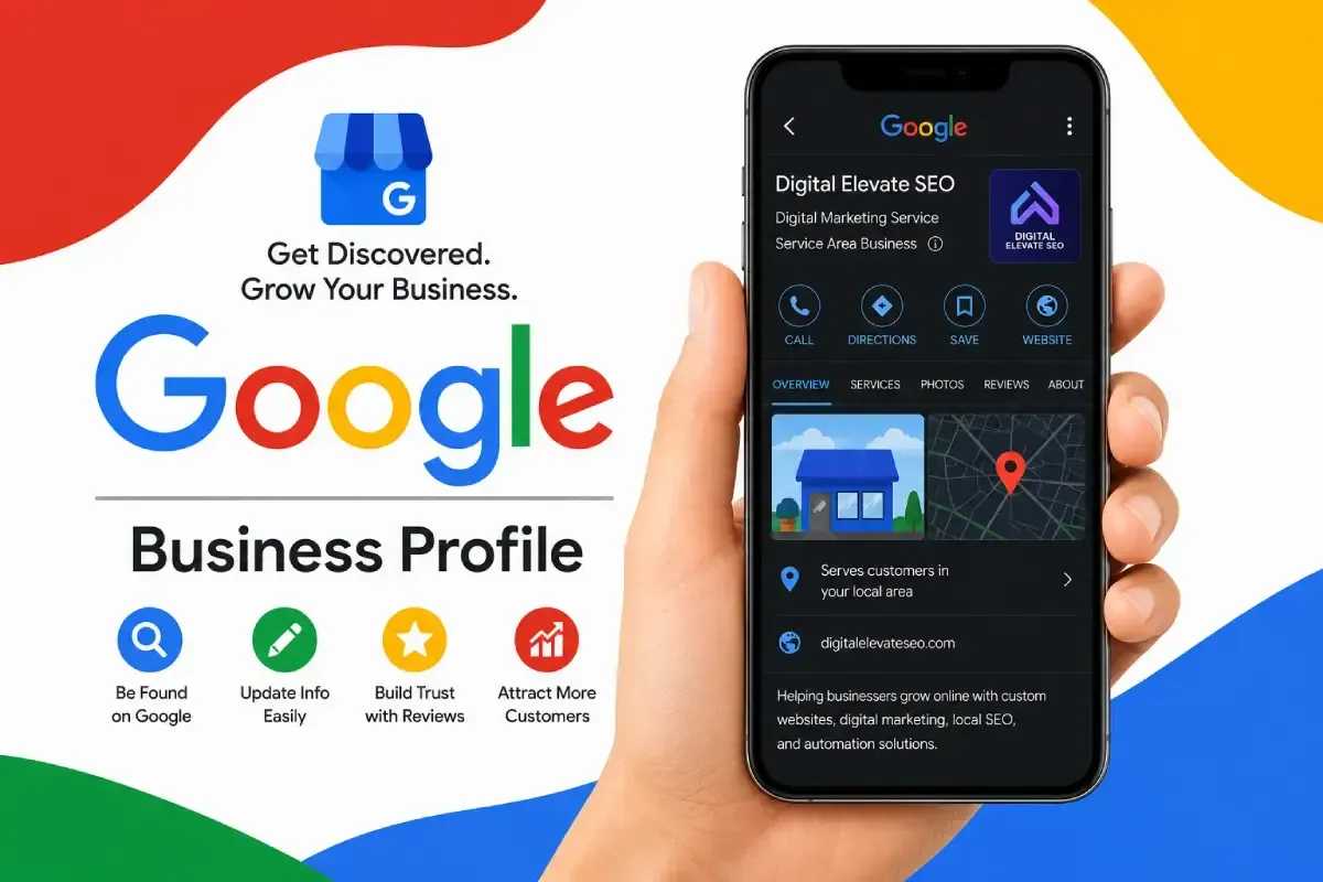 Google Business Profile training graphic featuring Digital Elevate SEO and local business visibility tools