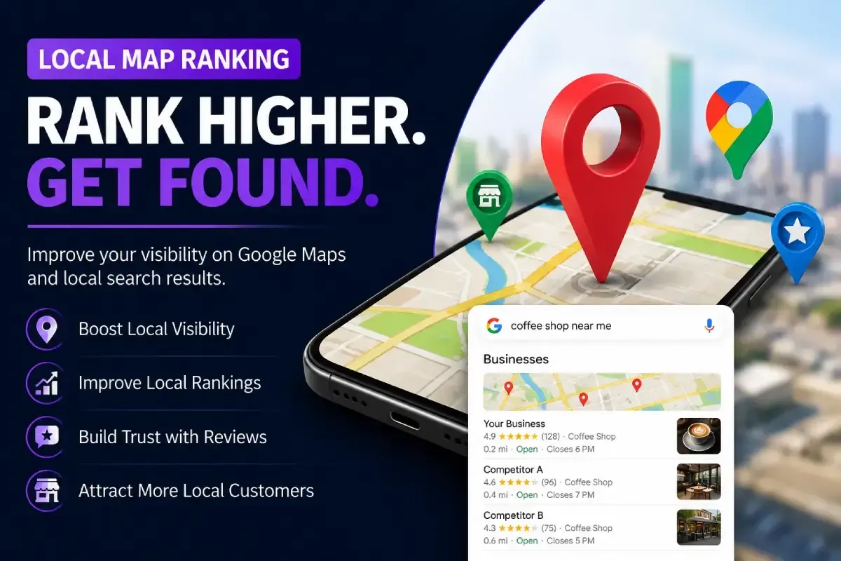 Local Map Ranking training graphic showing Google Maps, location pins, local business search results, and local SEO visibility.