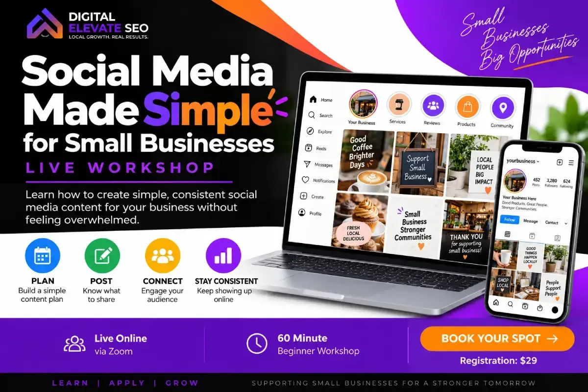 Digital Elevate SEO Social Media Made Simple workshop graphic featuring social media content planning, posting consistency, and beginner-friendly training for small business owners.