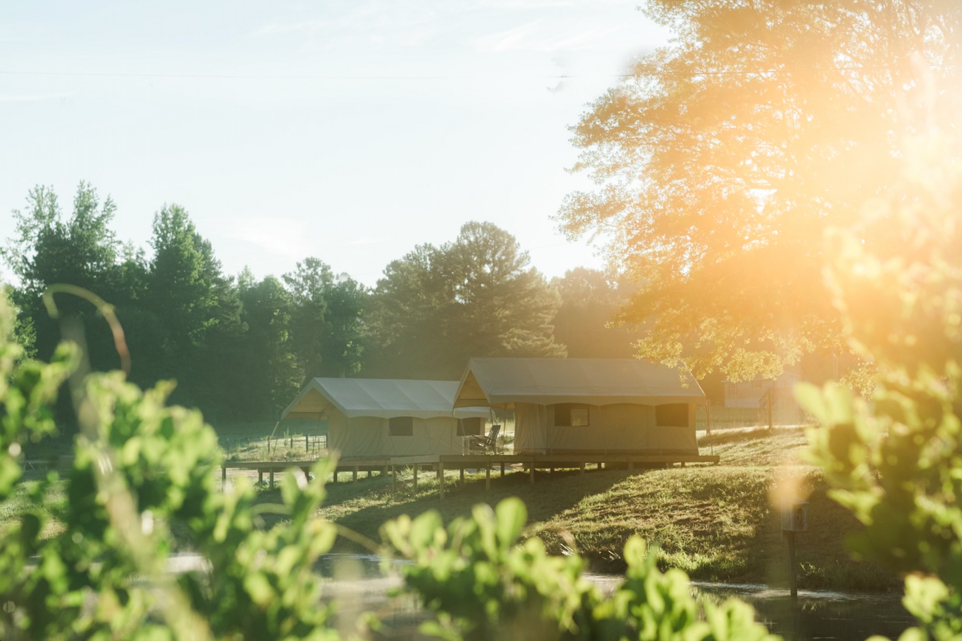 A small house is sitting in the middle of a field surrounded by trees.