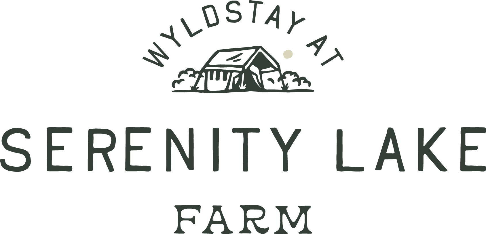 The serenity lake farm logo is a black and white logo with a house in the background.