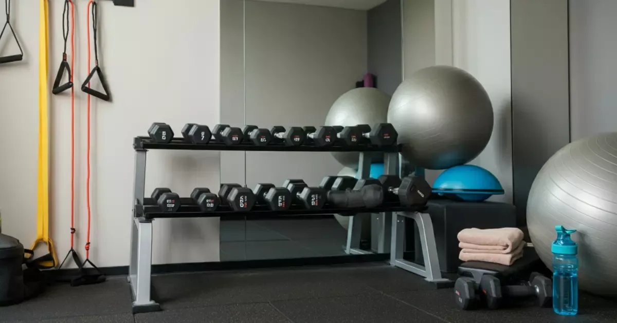 Home gym setup with dumbbells and exercise equipment created through basement remodeling