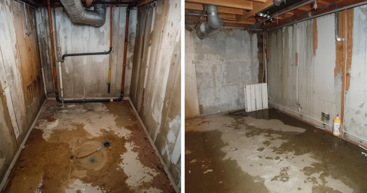 Leaky basement with standing water, damp walls, and visible moisture damage before waterproofing repairs