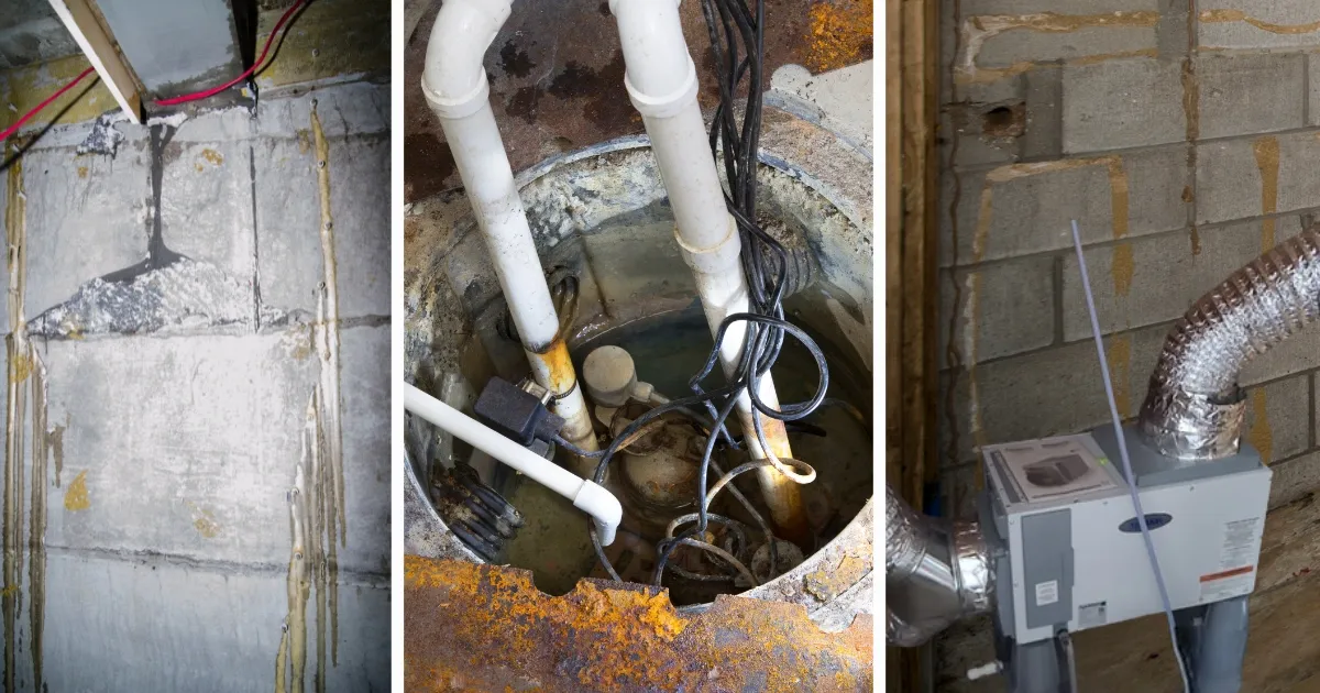 Leaky basement with sump pump, drainage pipes, and moisture stains showing ongoing water issues and repair setup