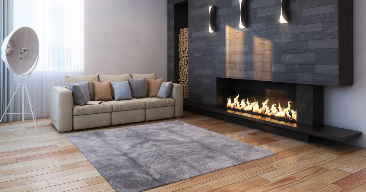 Contemporary living room with linear fireplace installation, stone surround, and warm wood flooring