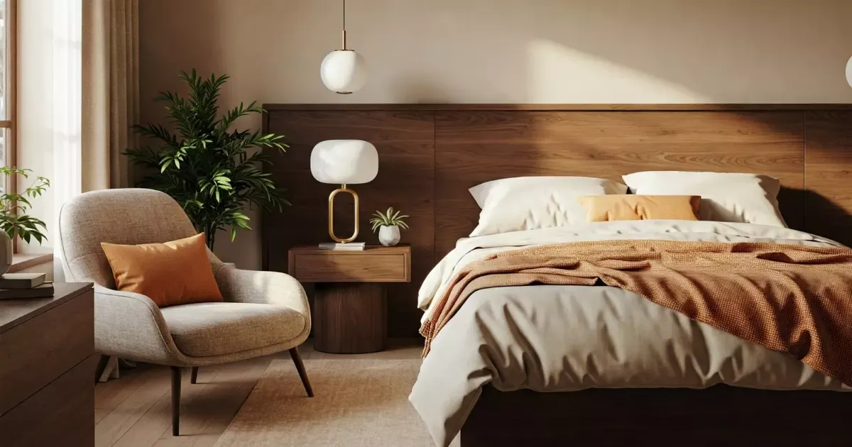 Cozy bedroom with warm wood accents and neutral tones, reflecting modern interior design trends