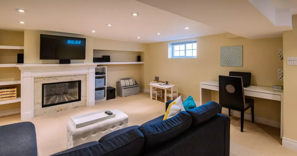 Cozy basement finishing with fireplace, built-in shelves, home office nook, and comfortable seating area