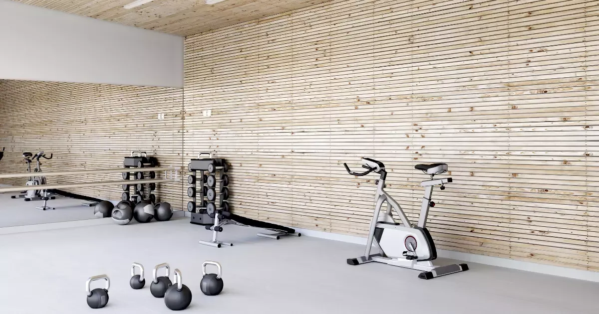 Modern home gym with weights and exercise bike created through basement remodeling