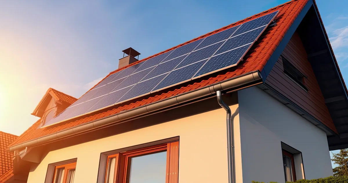 Residential home with red roof and mounted solar panels generating clean energy in bright sunlight
