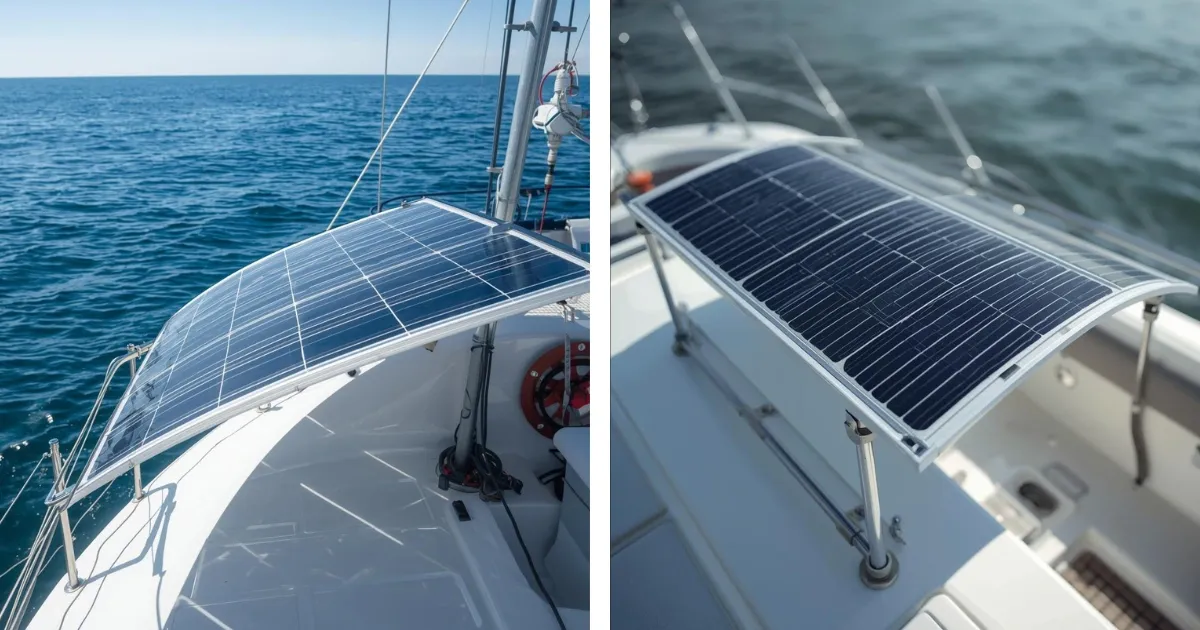 Flexible solar panels mounted on a boat deck, providing clean energy while cruising on open water