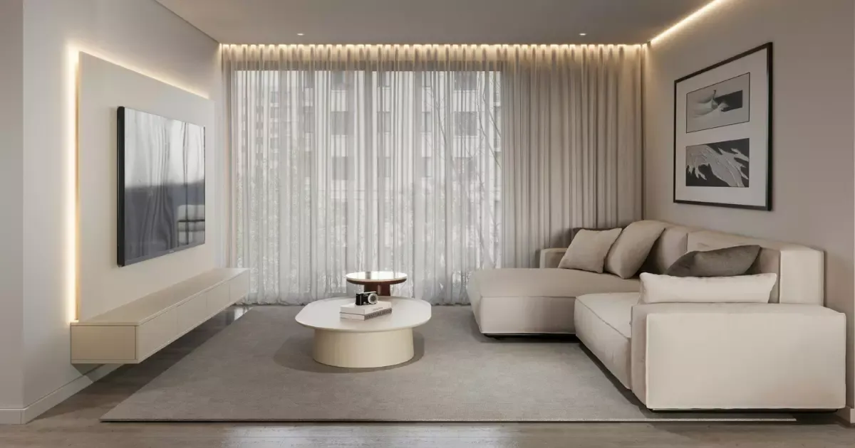Minimalist living area with a sectional sofa and layered lighting, perfect for modern living room design ideas
