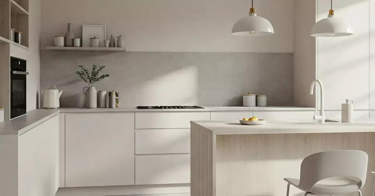 Minimalist white kitchen with sleek cabinets and island, showcasing clean interior design trends