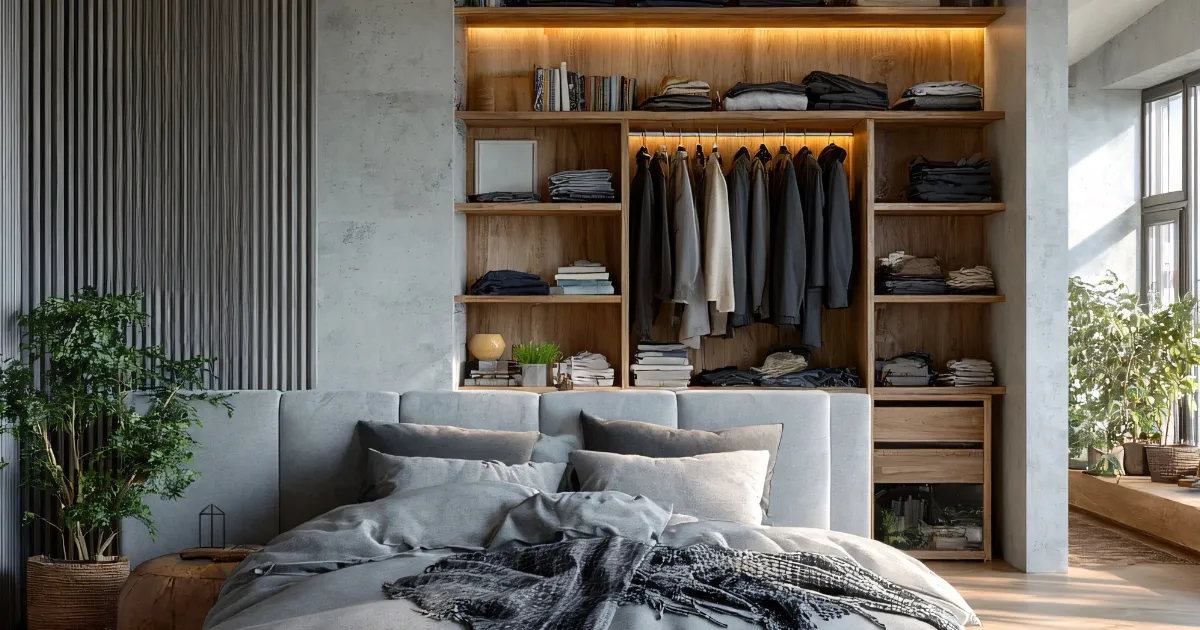 Cozy bedroom with open wood shelving and organized wardrobe display highlighting stylish bedroom closet ideas