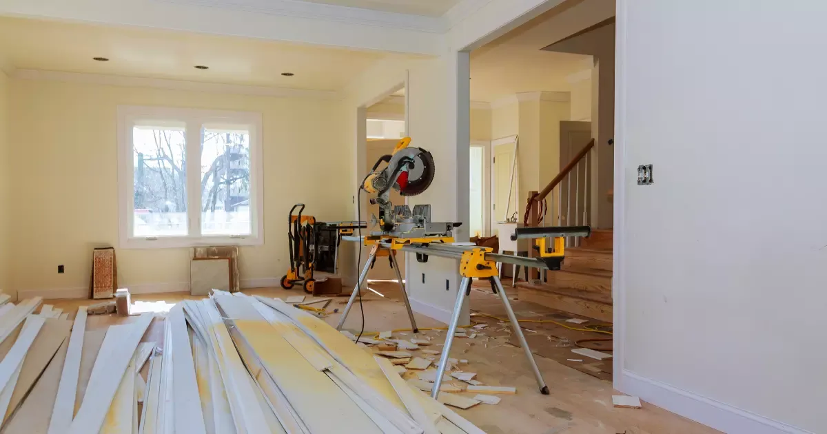 Interior home renovation in progress with tools and lumber, remodeler near me working on upgrades