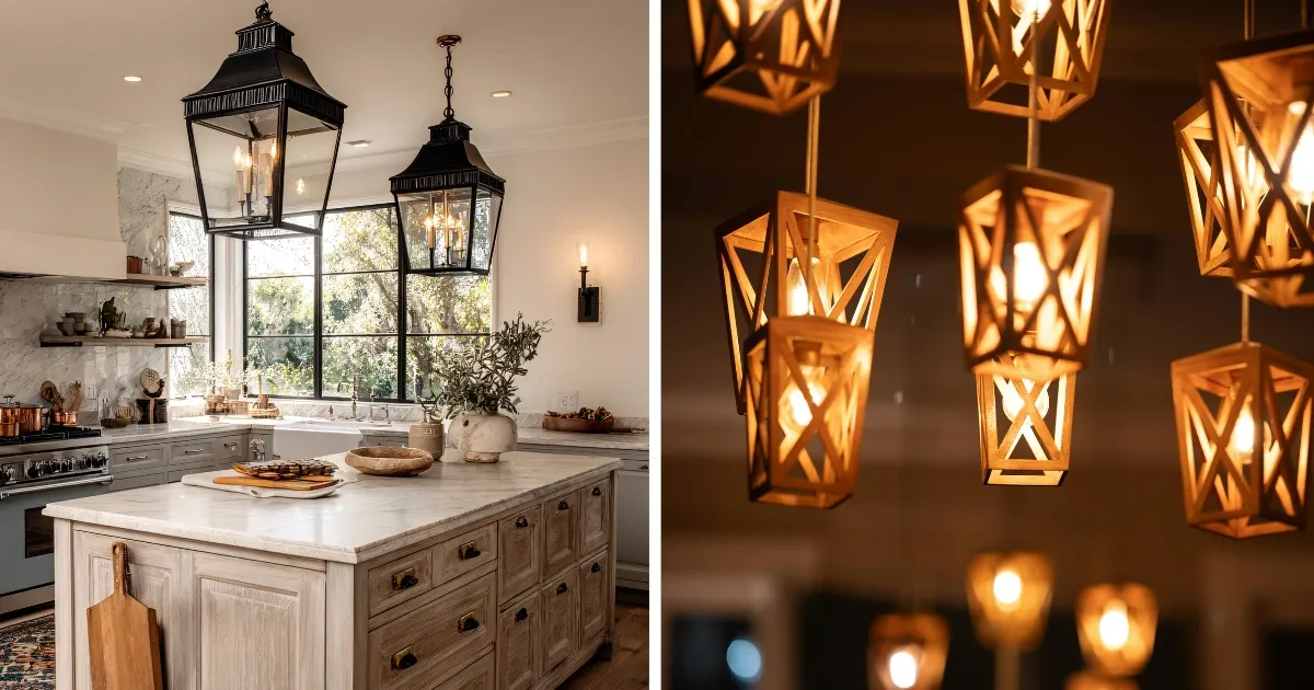 Home addition with rustic kitchen island, large windows, and warm pendant lighting accents