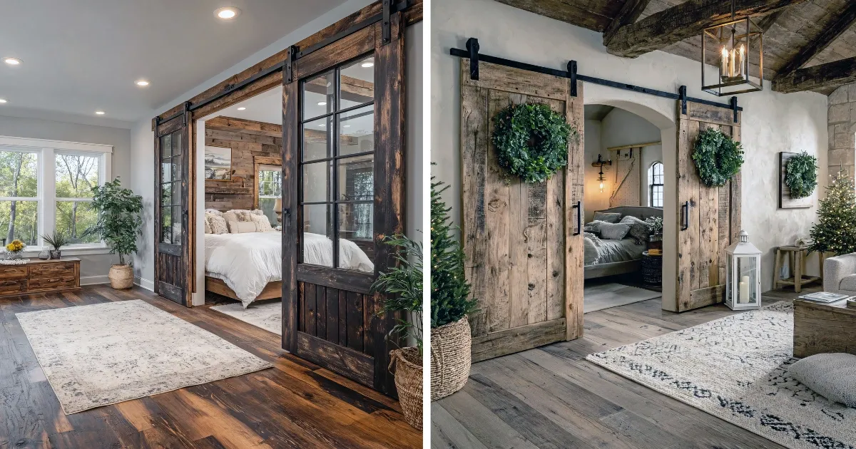 Rustic home addition with sliding barn doors, reclaimed wood accents, and cozy bedroom design