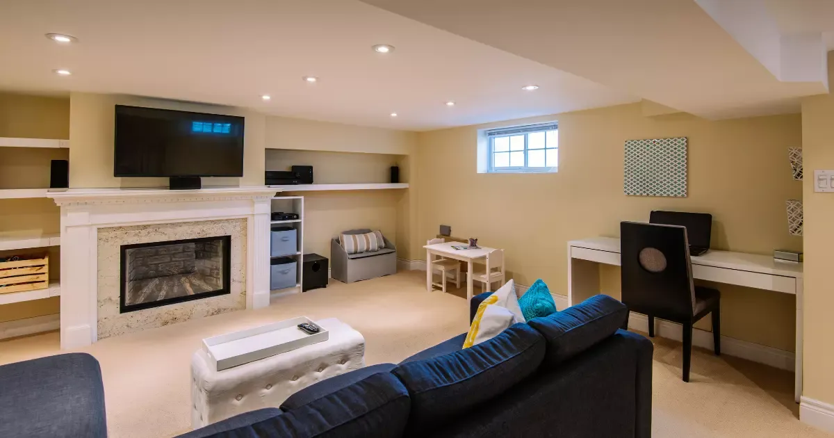 Cozy living area with fireplace, desk, and seating showcasing professional basement finishing design