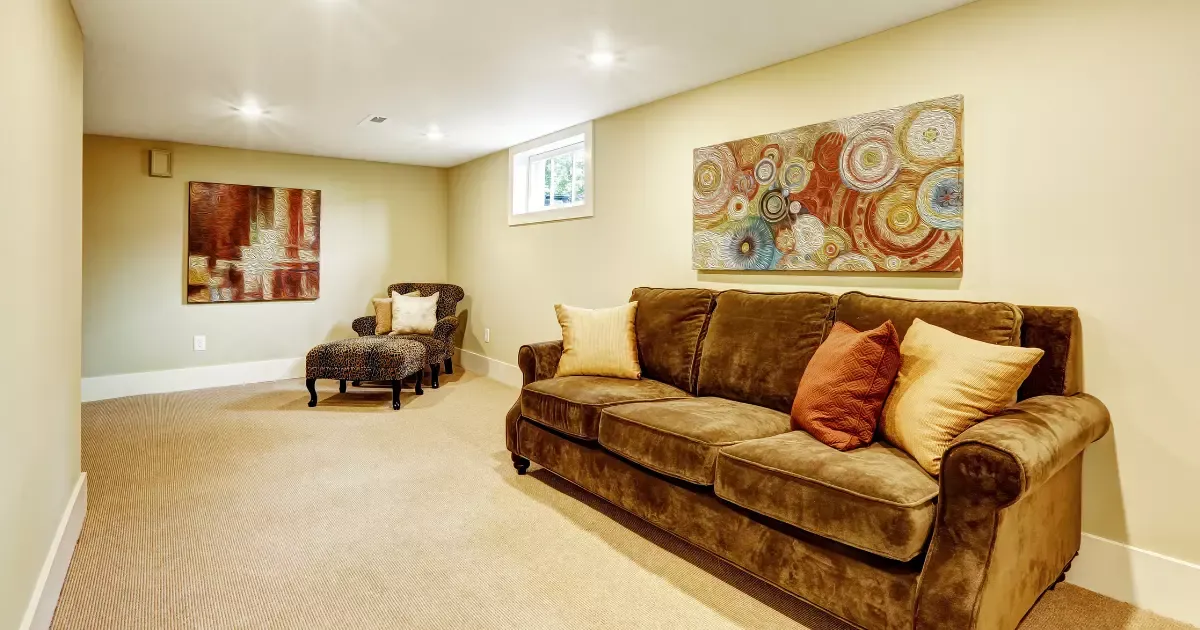 Spacious basement family room with plush sofa, accent chair, and warm wall décor for relaxing gatherings
