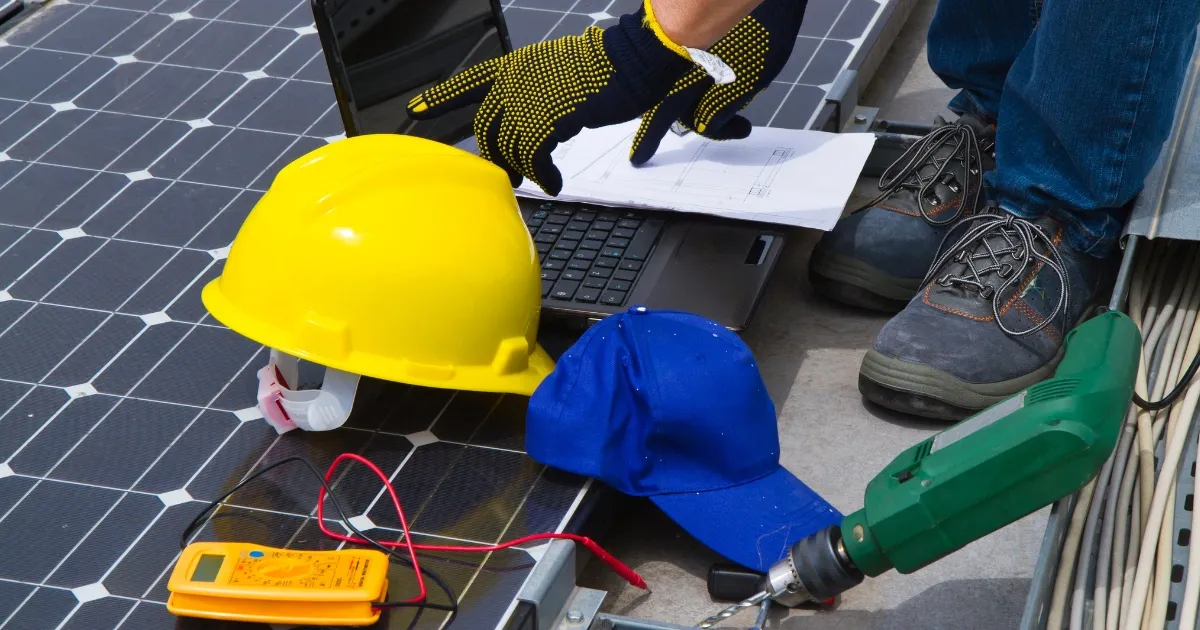 Technician inspecting solar power roof panels with safety gear and tools