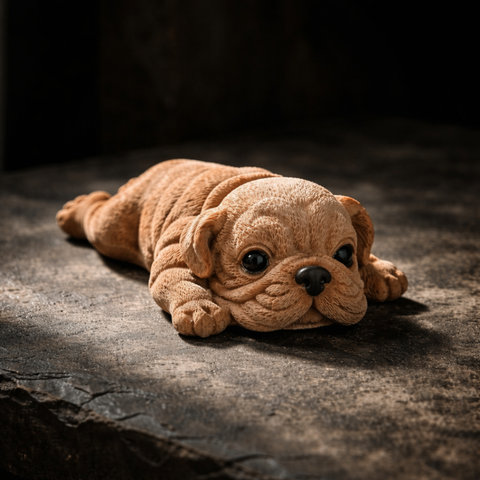 Small tan puppy lying on a dark floor, looking forward with a sad expression.