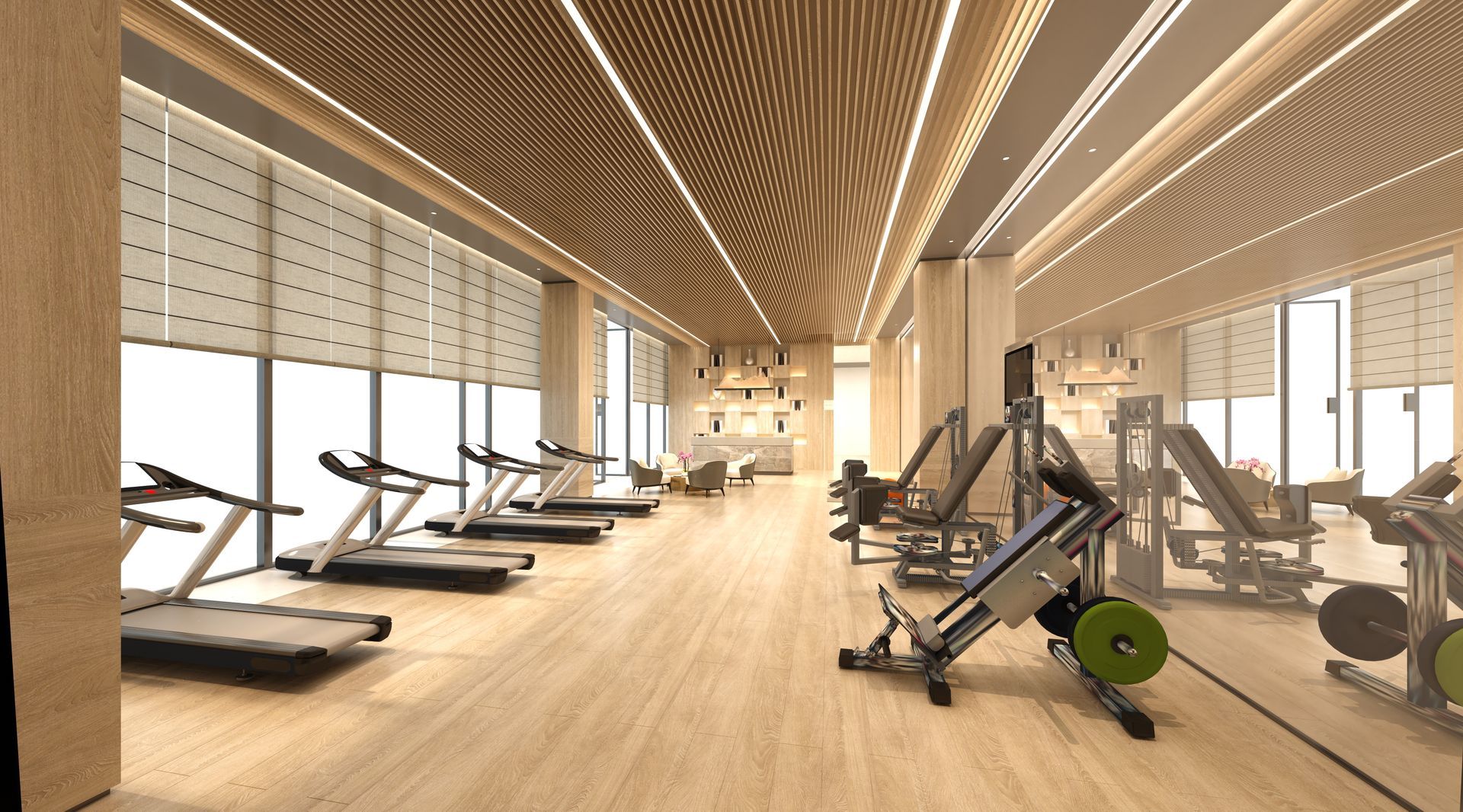 A bright, modern gym with wood-paneled ceilings, treadmills on the left, and weightlifting equipment on the right.