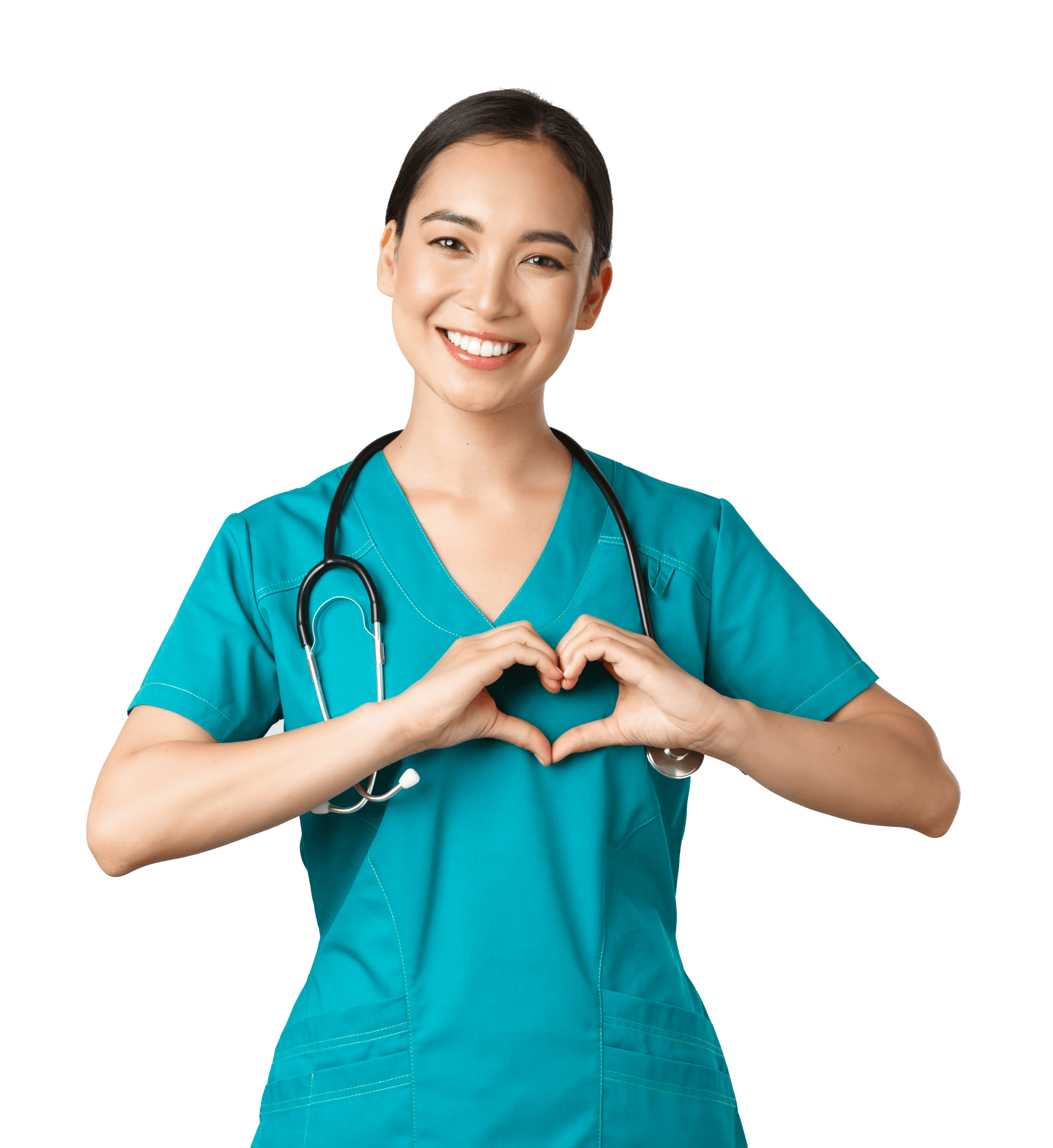A nurse is making a heart shape with her hands.