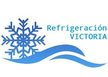 Logotipo para Refrigeración VICTORIA, con un copo de nieve, texto y líneas curvas azules.